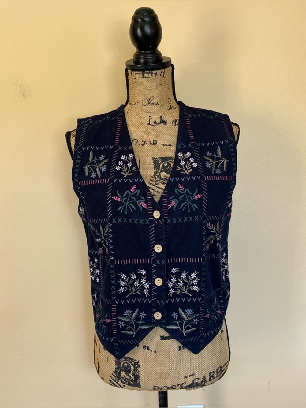 Vintage Navy Floral Embroidered Button-Front Vest